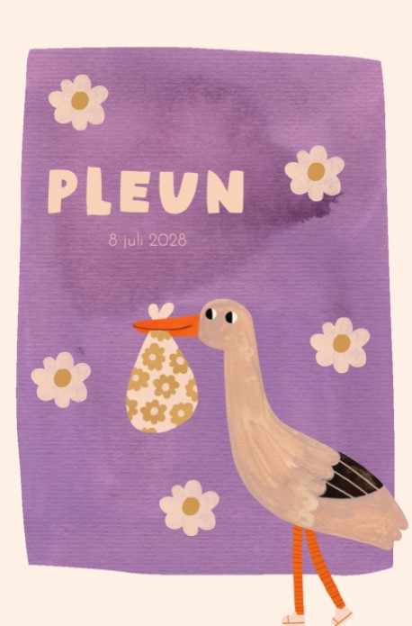 Geboortekaartje ooievaar en bloemen - Pleun