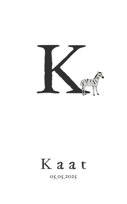 Letter K geboortekaartje met zebra - Kaat