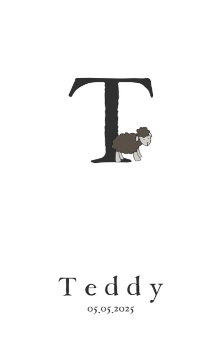 Letter T geboortekaartje met schaapje - Teddy