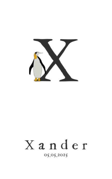 Letter X geboortekaartje met pinguin - Xander